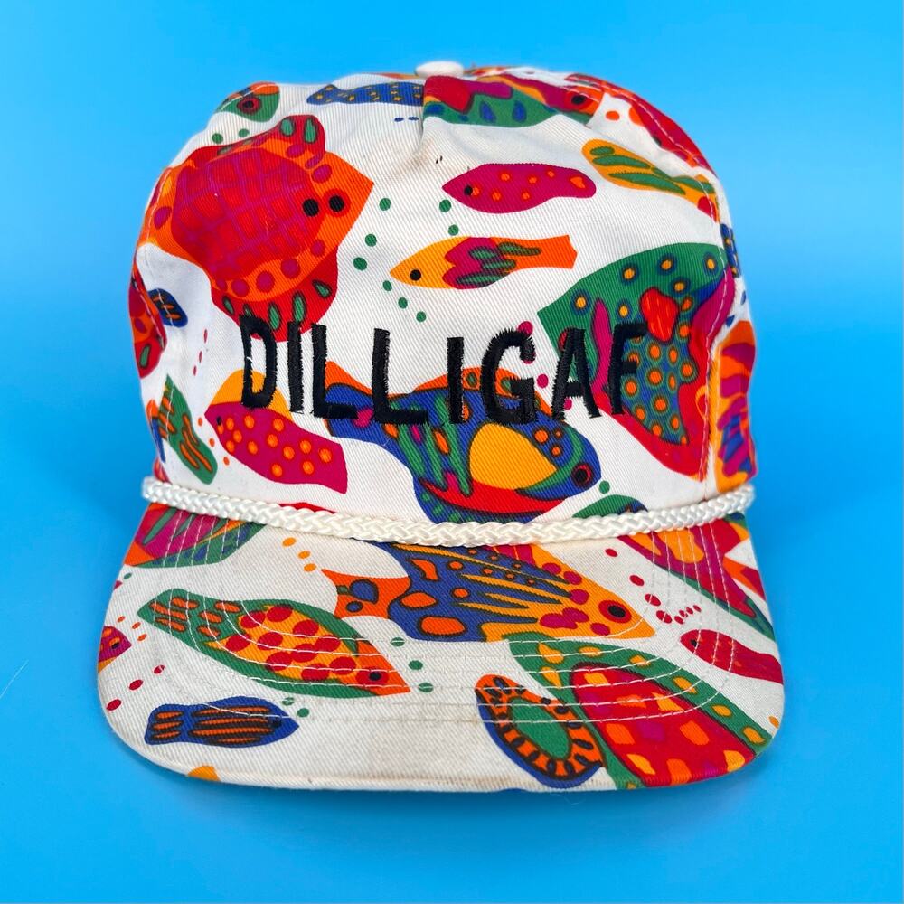 90s Tropical Fish Print Trucker Hat DILLIGAF SnapBack 1990s Vintage